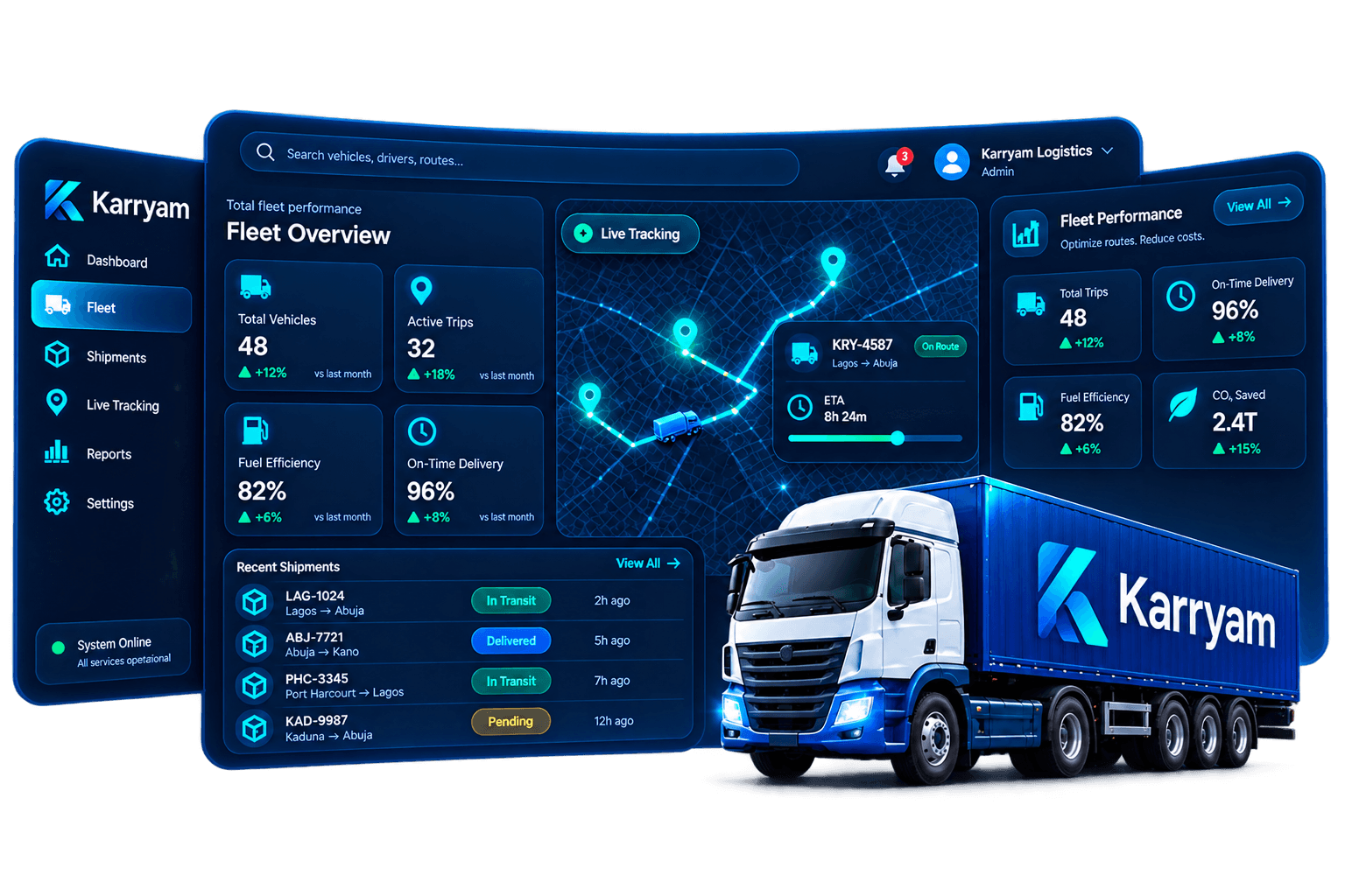 Karryam fleet dashboard on a laptop with a delivery truck