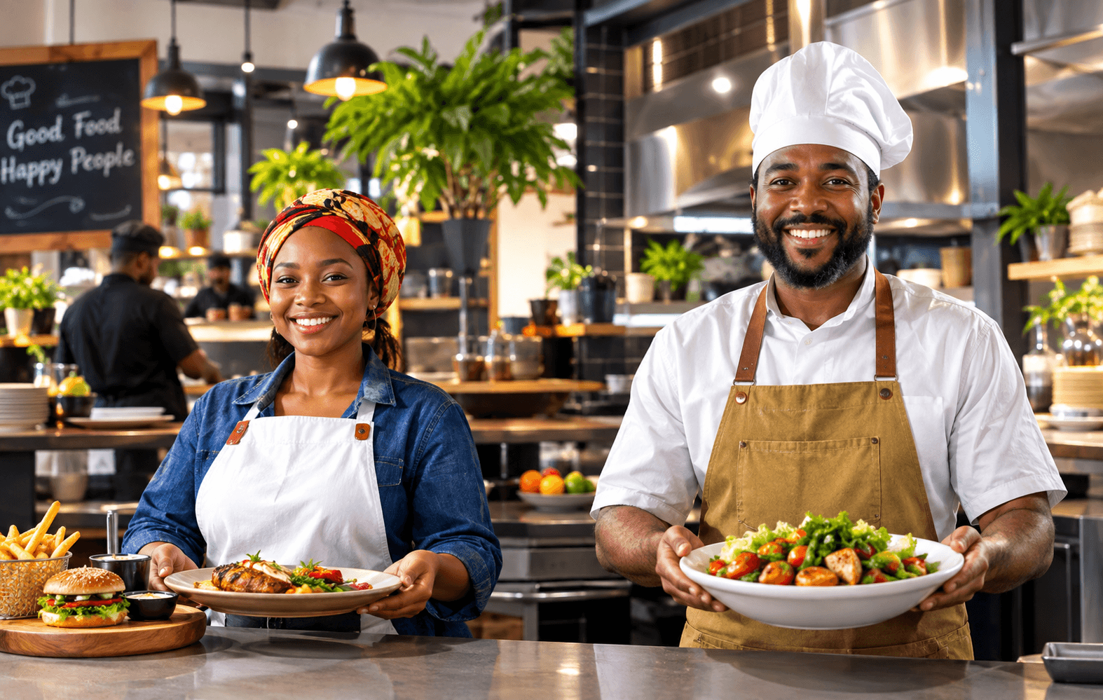 Smiling Karryam food vendors working in a busy kitchen