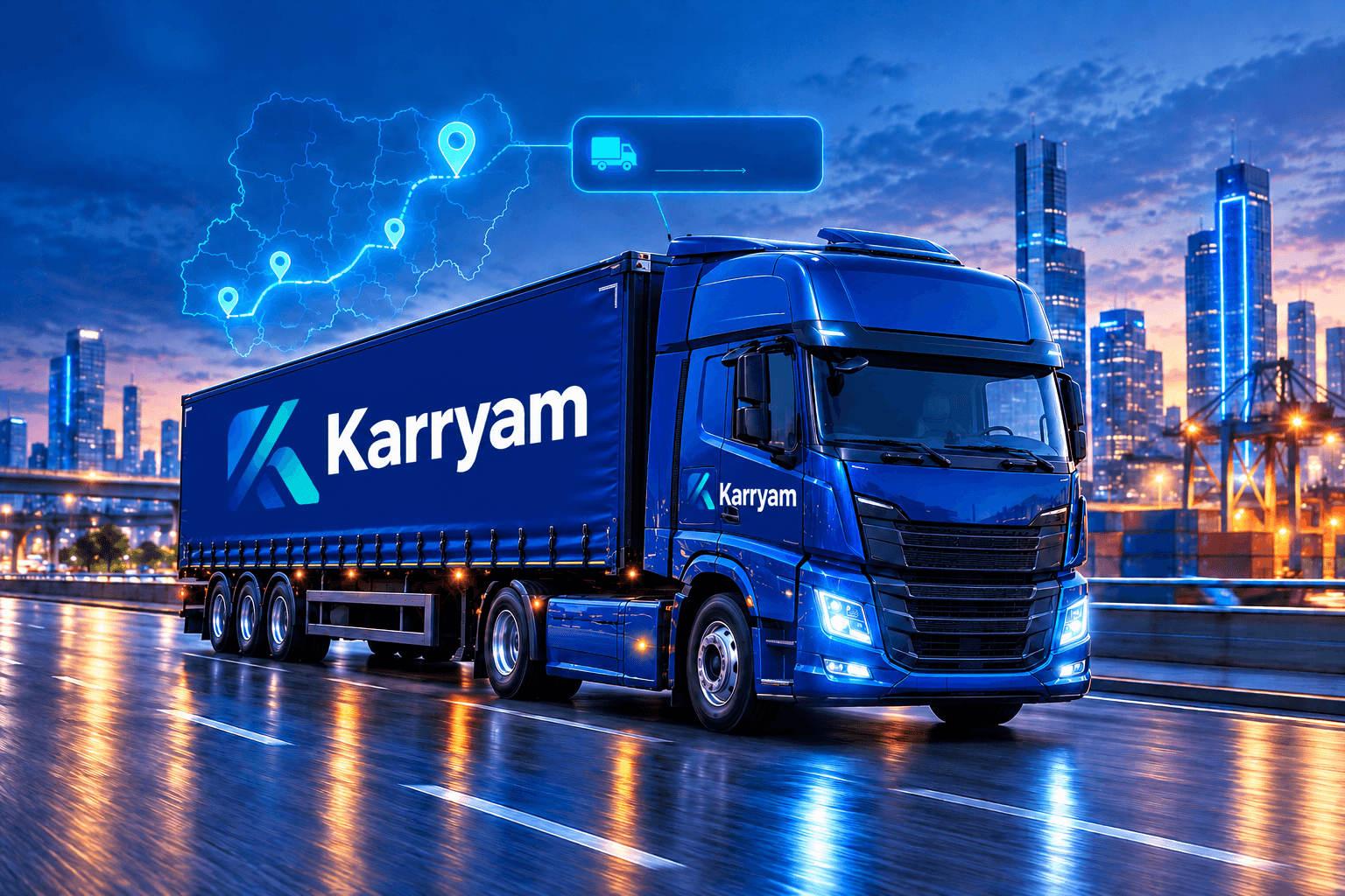 Blue freight truck on the road